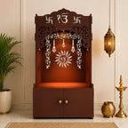 Brown Wooden Floor Pooja Mandir with Ik Onkar & Swastik Design Laser-Cut Bell Motifs Storage Cabinet & Ornate Arch