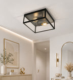 2 Bulb Steel Ceiling Light with Black Clear Glass