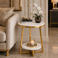 2 Tier Faux White Marble Side Table with with Golden Finish Storage Shelf