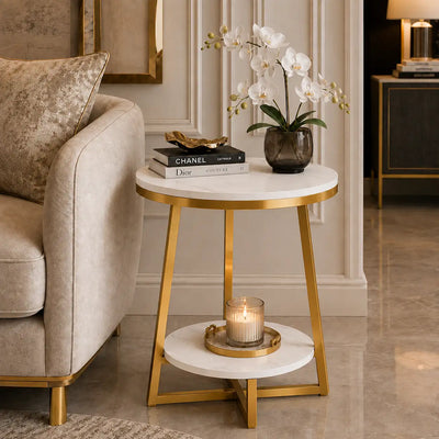 2 Tier Faux White Marble Side Table with with Golden Finish Storage Shelf