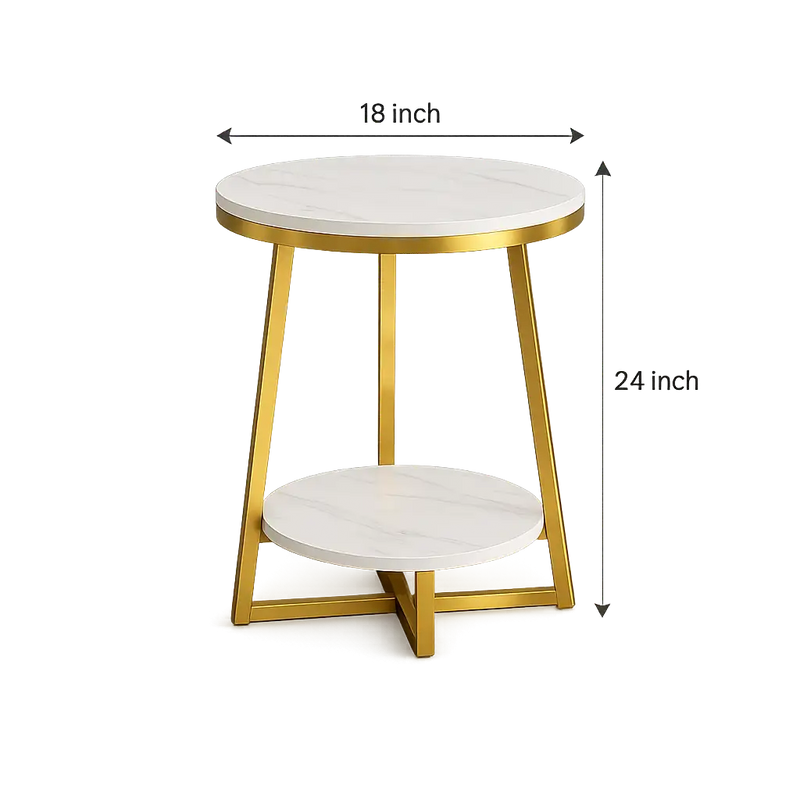 2 Tier Faux White Marble Side Table with with Golden Finish Storage Shelf
