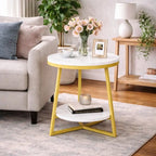 2 Tier Faux White Marble Side Table with with Golden Finish Storage Shelf