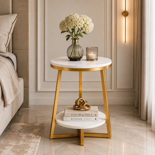 2 Tier Faux White Marble Side Table with with Golden Finish Storage Shelf