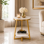 2 Tier Faux White Marble Side Table with with Golden Finish Storage Shelf