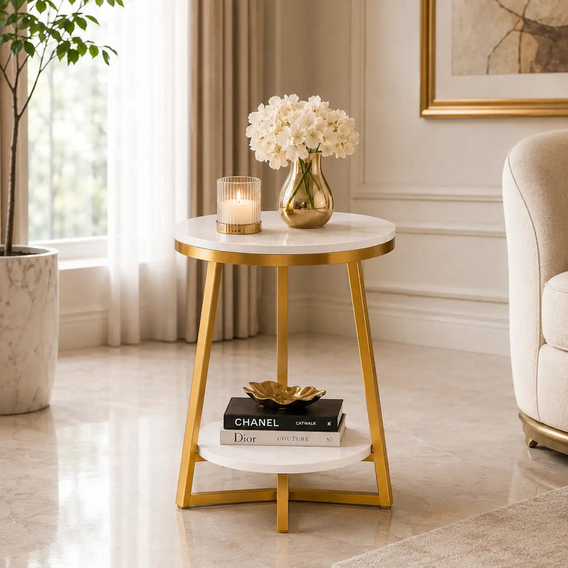 2 Tier Faux White Marble Side Table with with Golden Finish Storage Shelf