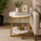 2 Tier Faux White Marble Side Table with with Golden Finish Storage Shelf