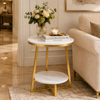 2 Tier Faux White Marble Side Table with with Golden Finish Storage Shelf