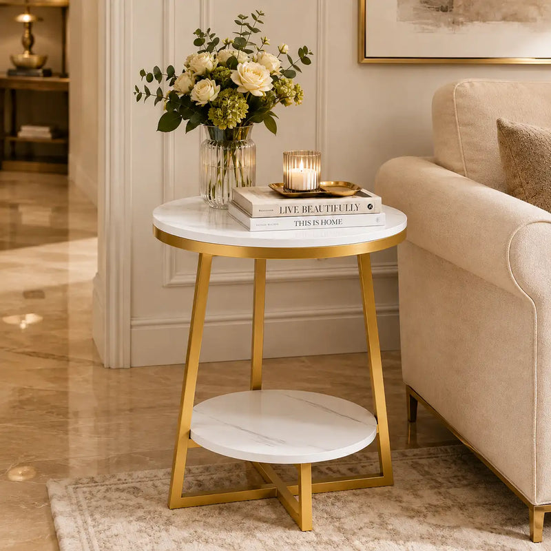 2 Tier Faux White Marble Side Table with with Golden Finish Storage Shelf
