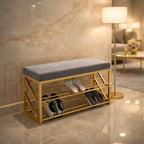 2 Tier Upholstered Organizer Shelf with Gray Padded Cushion Seat