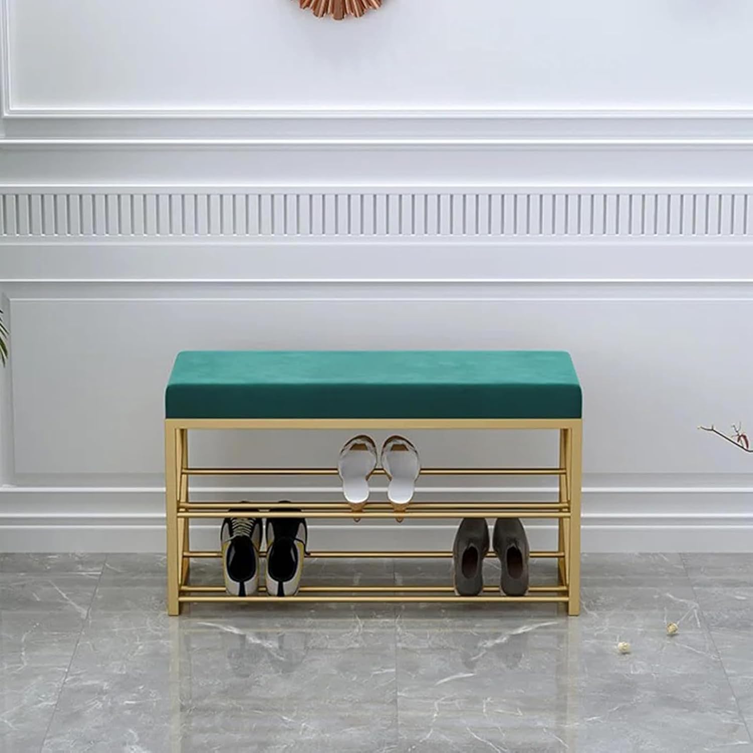 2 Tier Upholstered Organizer Shelf with Green Padded Cushion Seat