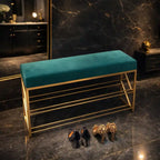 2 Tier Upholstered Organizer Shelf with Green Padded Cushion Seat