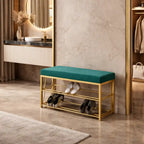 2 Tier Upholstered Organizer Shelf with Green Padded Cushion Seat