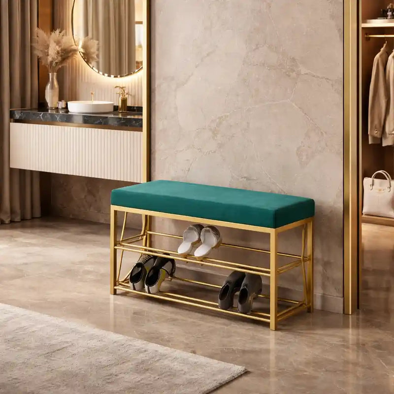 2 Tier Upholstered Organizer Shelf with Green Padded Cushion Seat