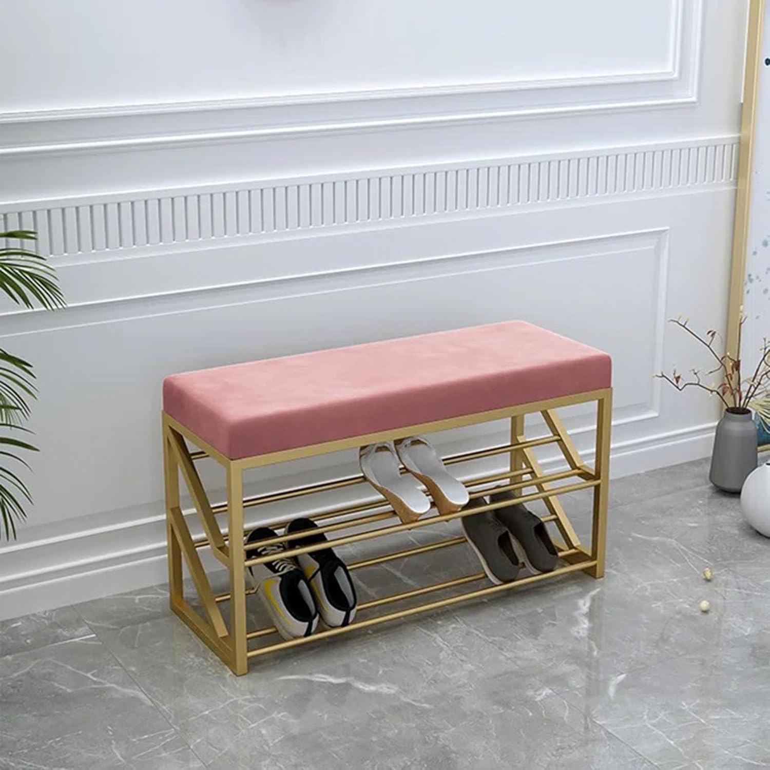 2 Tier Upholstered Organizer Shelf with Pink Padded Cushion Seat