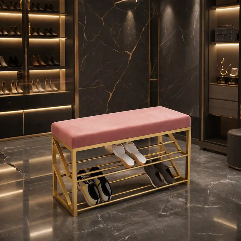 2 Tier Upholstered Organizer Shelf with Pink Padded Cushion Seat