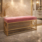 2 Tier Upholstered Organizer Shelf with Pink Padded Cushion Seat