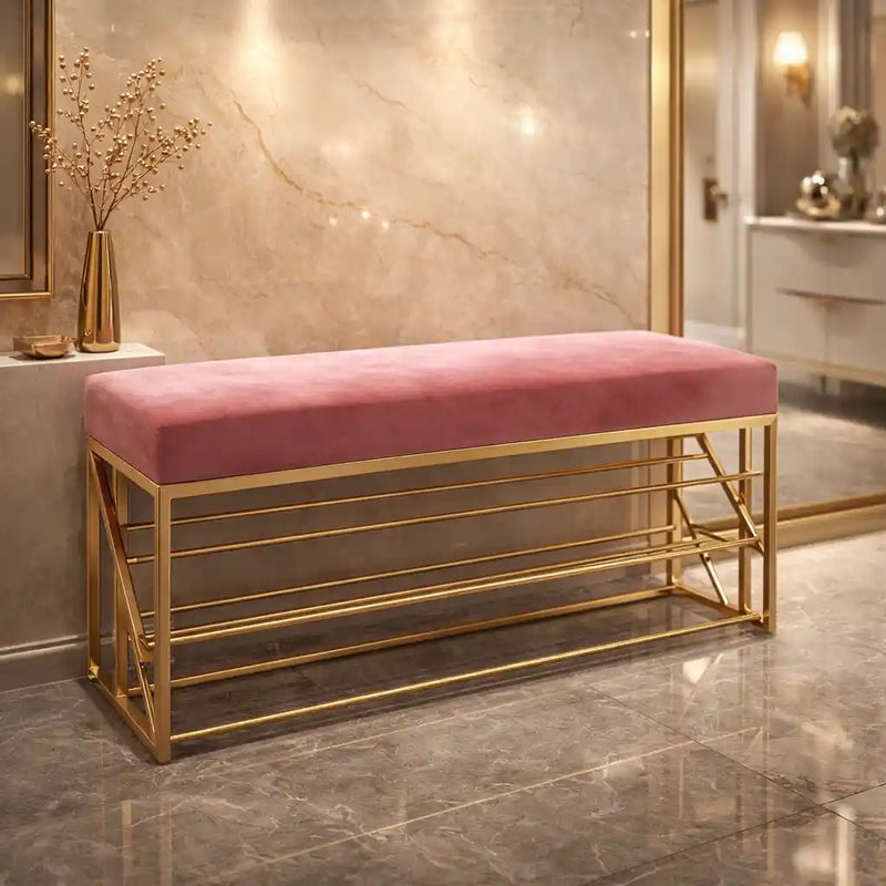 2 Tier Upholstered Organizer Shelf with Pink Padded Cushion Seat