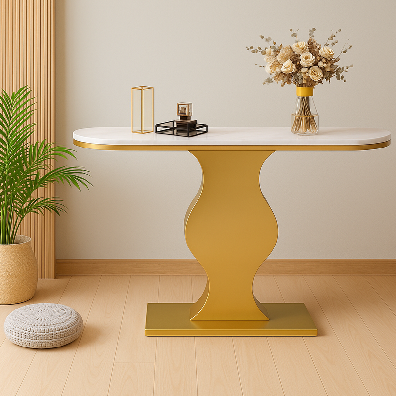 Elegant Curvy Gold Console Table with Sleek White Marble Top