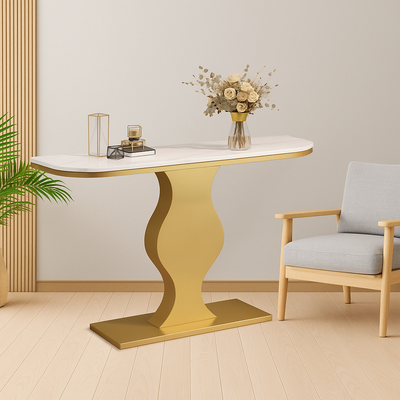 Elegant Curvy Gold Console Table with Sleek White Marble Top