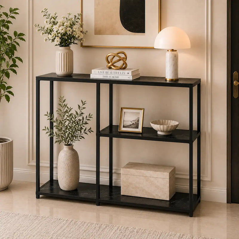 The Stylish Sidekick 3-Tier Black Marble Console Table