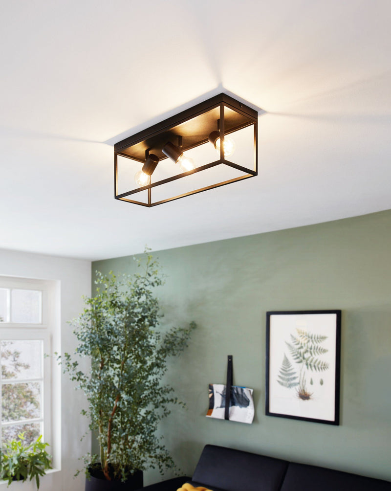 3 Bulb Steel Ceiling Light with Black Clear Glass