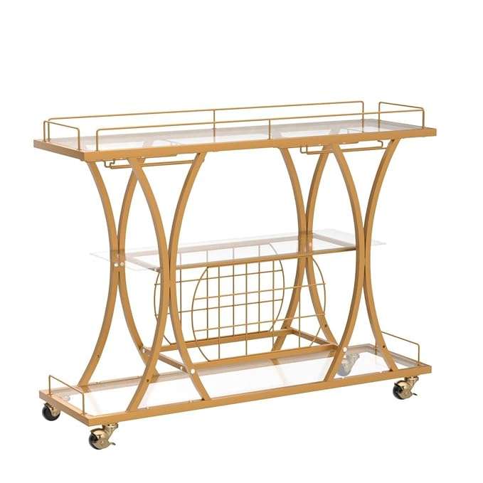 3-Tier Gold Bar Trolley with Glass Shelves & Wine Rack
