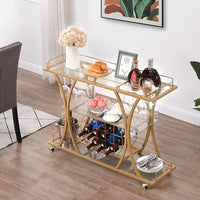 3-Tier Gold Bar Trolley with Glass Shelves & Wine Rack