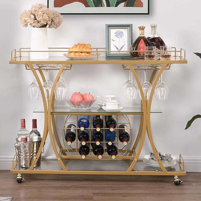 3-Tier Gold Bar Trolley with Glass Shelves & Wine Rack
