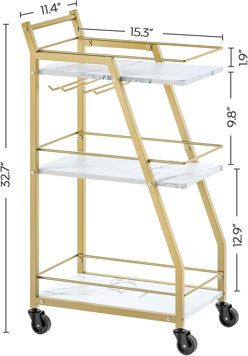 3-Tier Kitchen Bar Trolley in White & Gold Finish