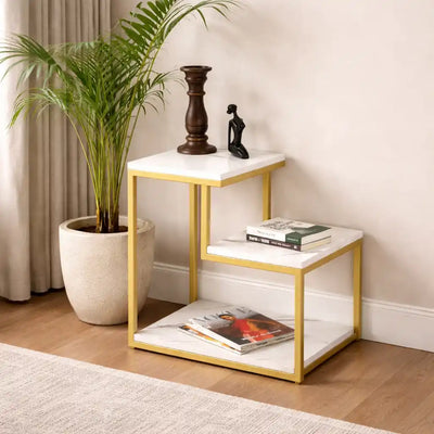 3-Tier Modern Side Table with Storage Shelf with Golden Metal Finish