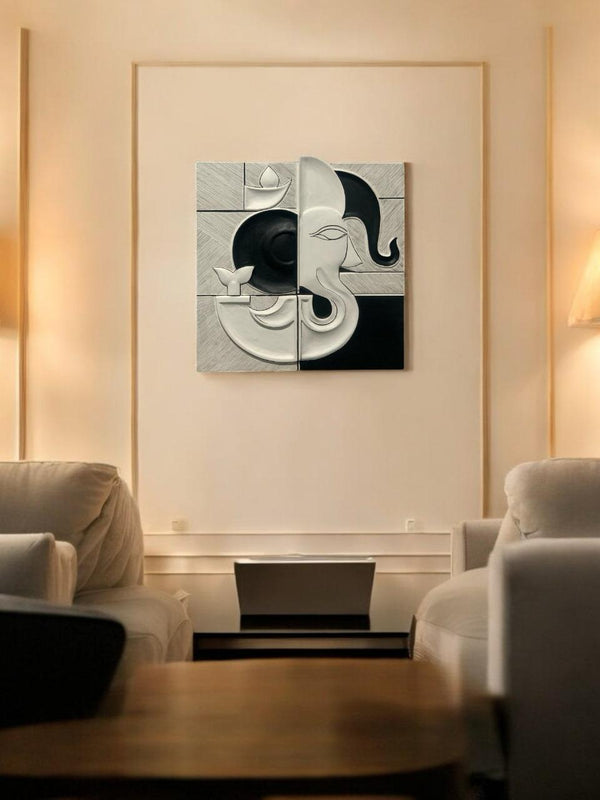 Sacred Ganesha Black and White Color Minimal 3D Wall Art