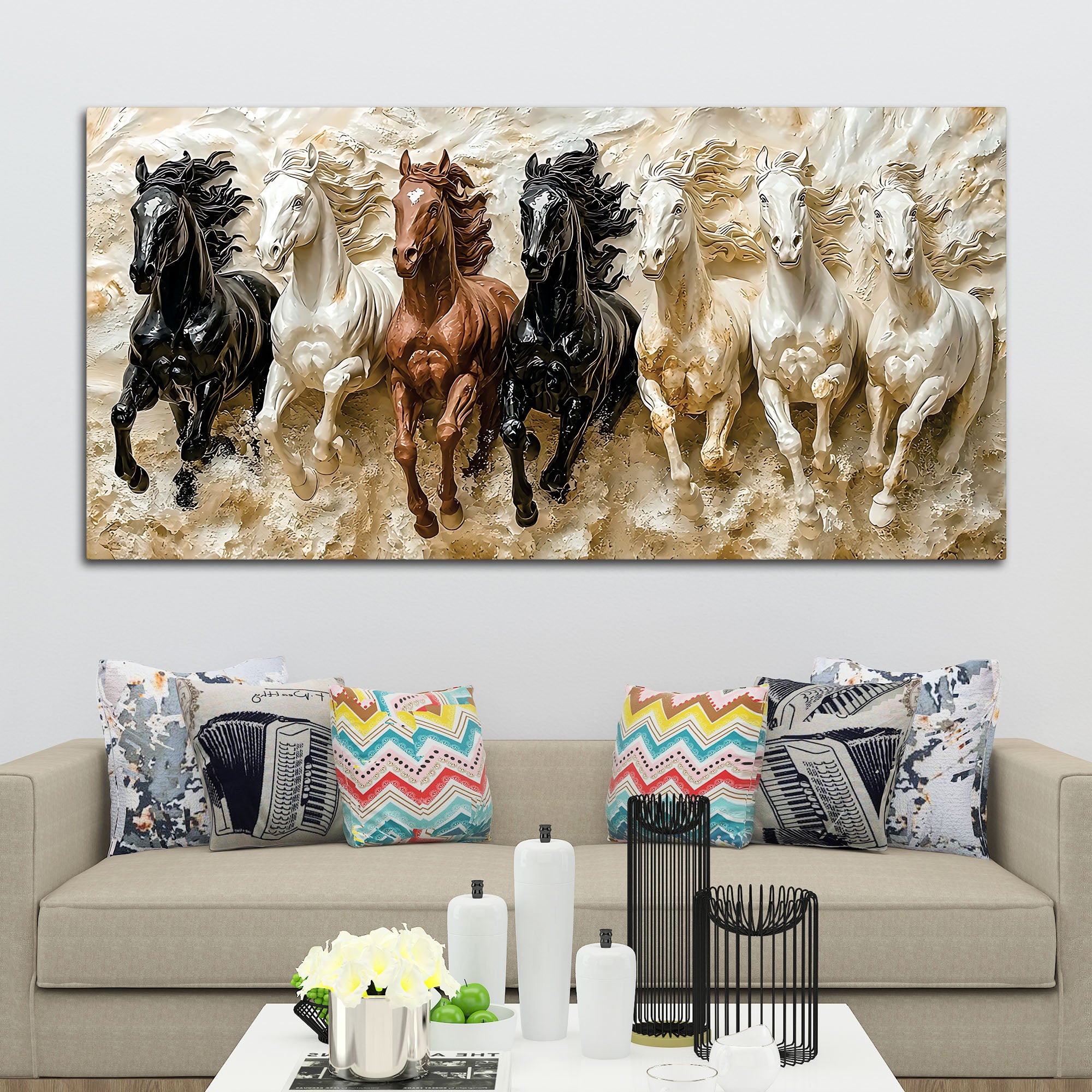 3D Art Auspicious Canvas wall Painting of Seven Running Horses