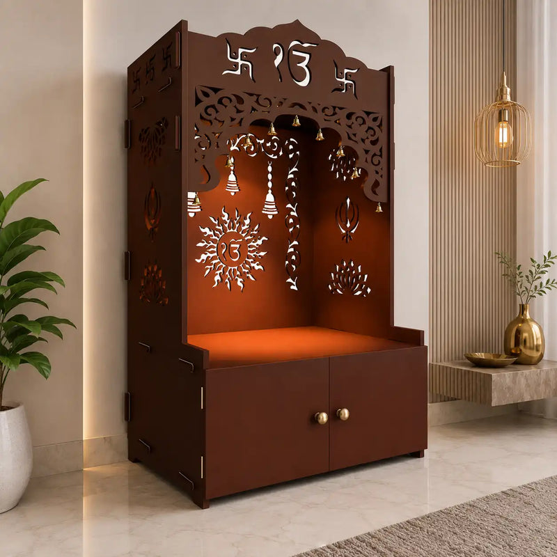 Brown Wooden Floor Pooja Mandir with Ik Onkar & Swastik Design Laser-Cut Bell Motifs Storage Cabinet & Ornate Arch