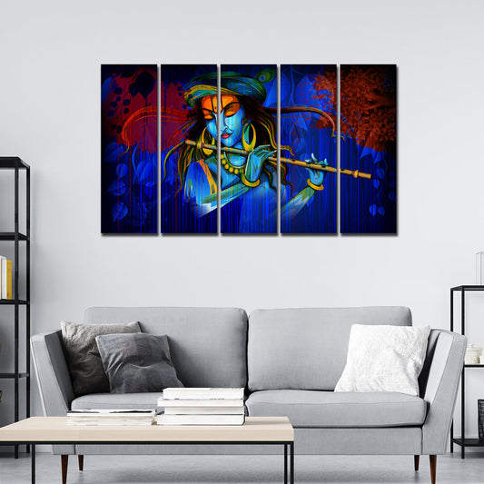 5 Pieces Canvas Wall Painting of Lord Krishna Playing Flute