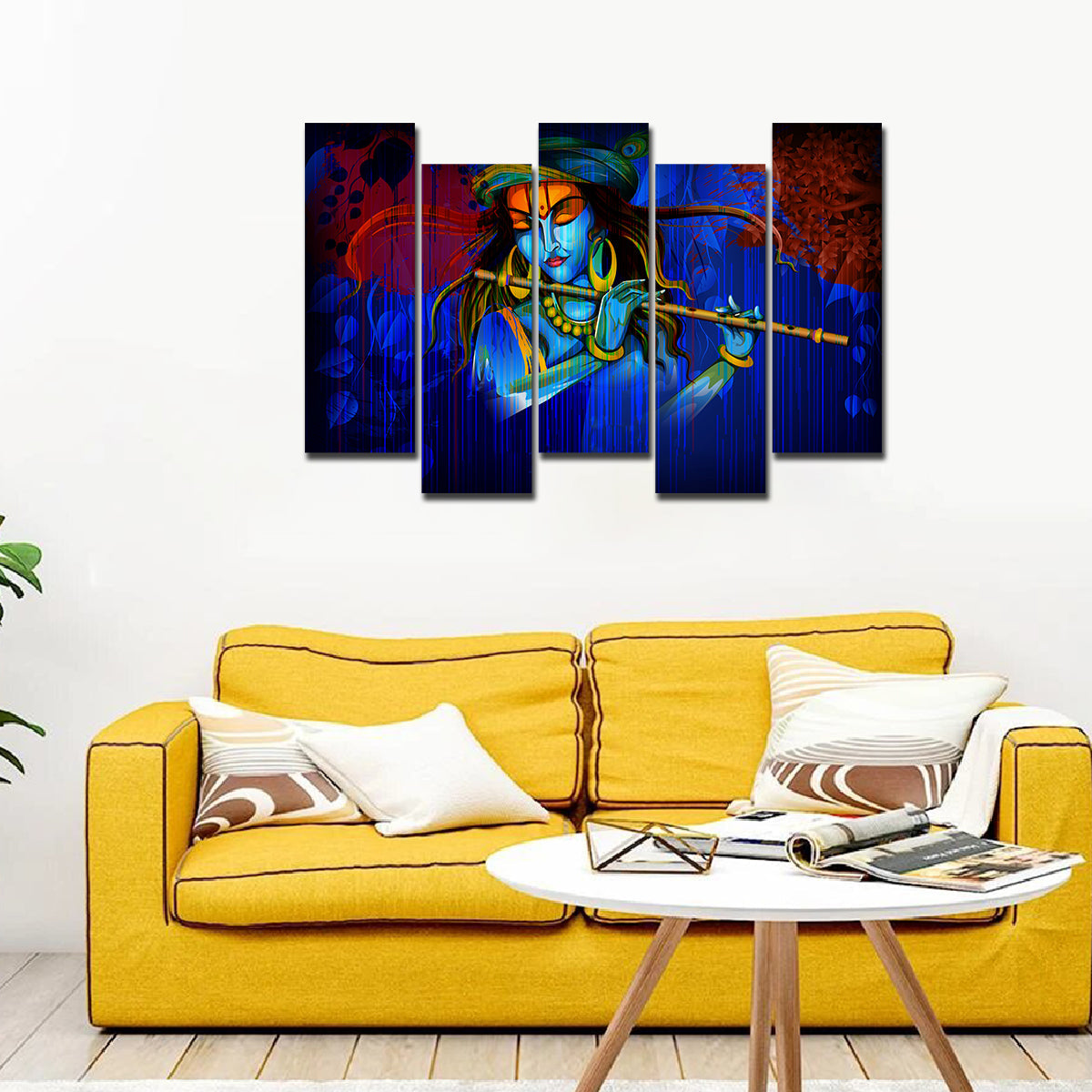 5 Pieces Canvas Wall Painting of Lord Krishna Playing Flute in Dark Forest