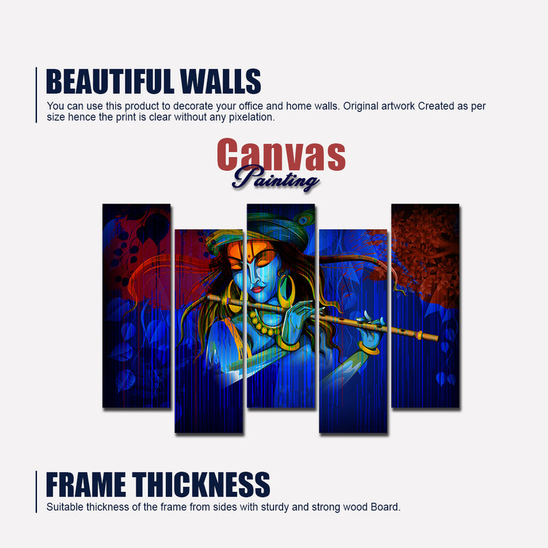 5 Pieces Canvas Wall Painting of Lord Krishna Playing Flute in Dark Forest
