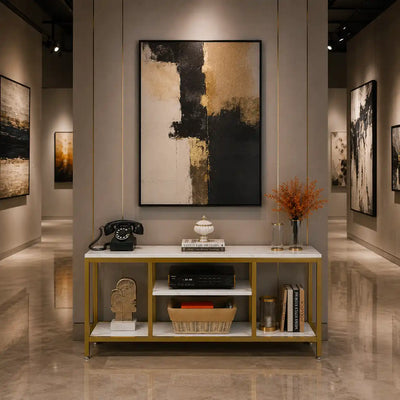 5-Tier Rectangle White Marble Gold Entryway Console Table