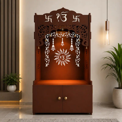 Brown Wooden Floor Pooja Mandir with Ik Onkar & Swastik Design Laser-Cut Bell Motifs Storage Cabinet & Ornate Arch