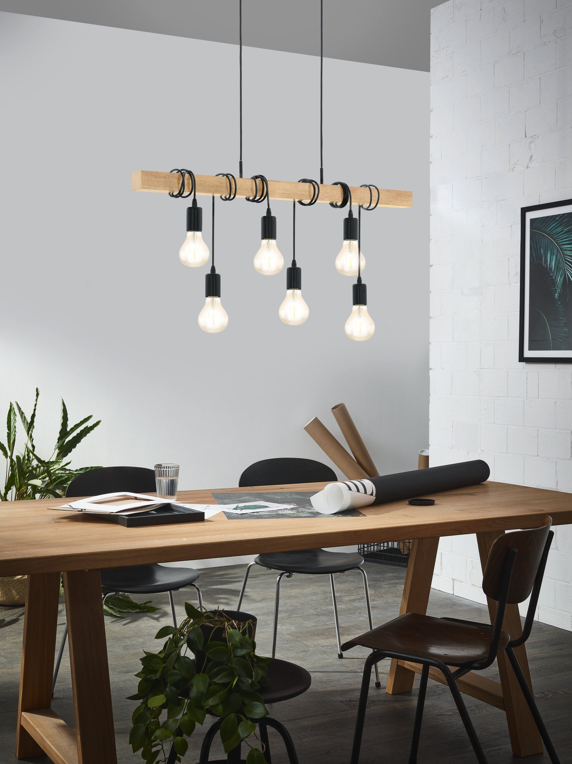 6 Light Black Steel Natural Wooden Bar Wooden Ceiling Light