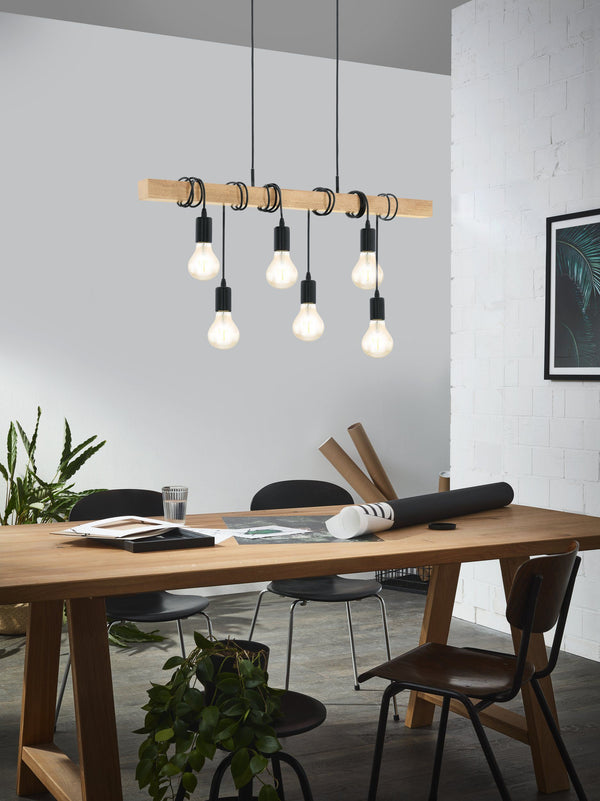 6 Light Black Steel Natural Wooden Bar Wooden Ceiling Light
