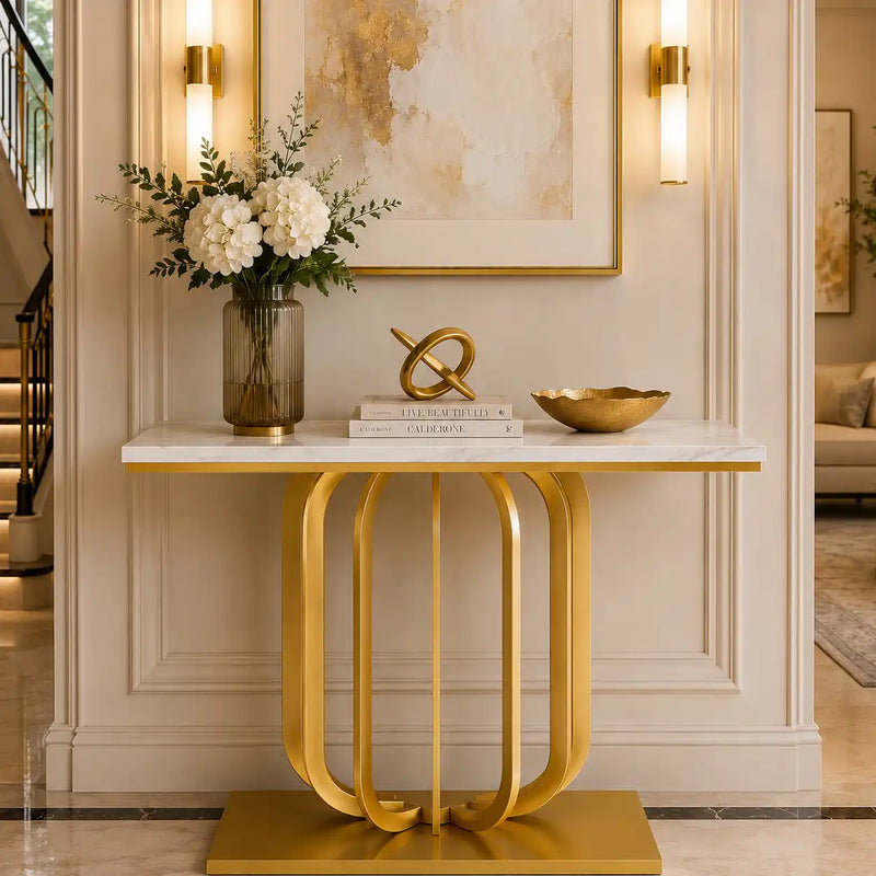 Modern Marble Console Table with Artistic Gold Vertical Loop Base
