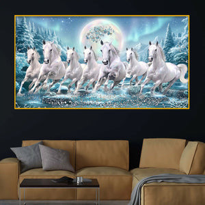 7 White Horses Crystal Glass Painting for Modern Vastu Decor
