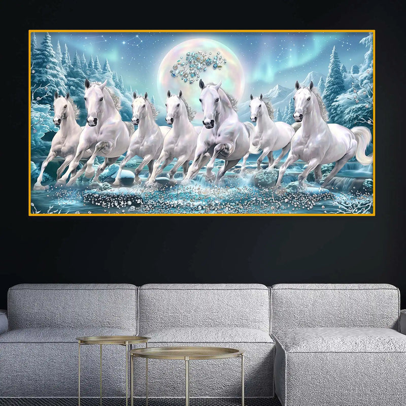 7 White Horses Crystal Glass Painting for Modern Vastu Decor