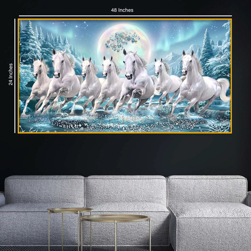 7 White Horses Crystal Glass Painting for Modern Vastu Decor