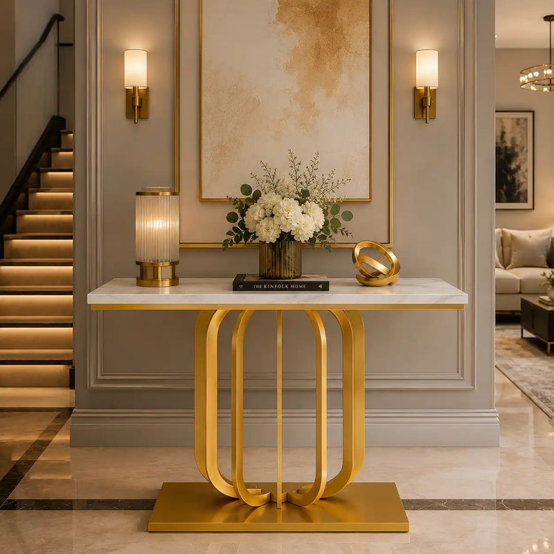 Modern Marble Console Table with Artistic Gold Vertical Loop Base
