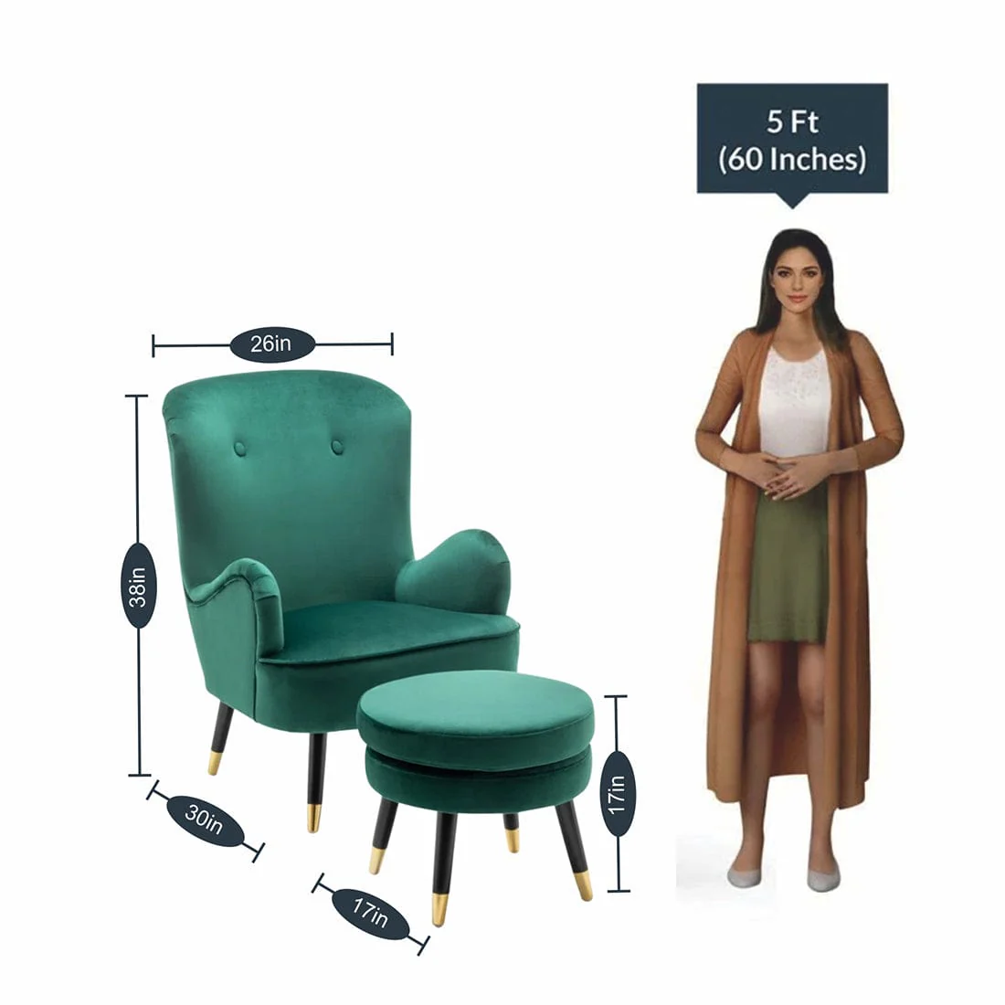 Luxurious Green Velvet Sofa Lounge Chair with Ottoman