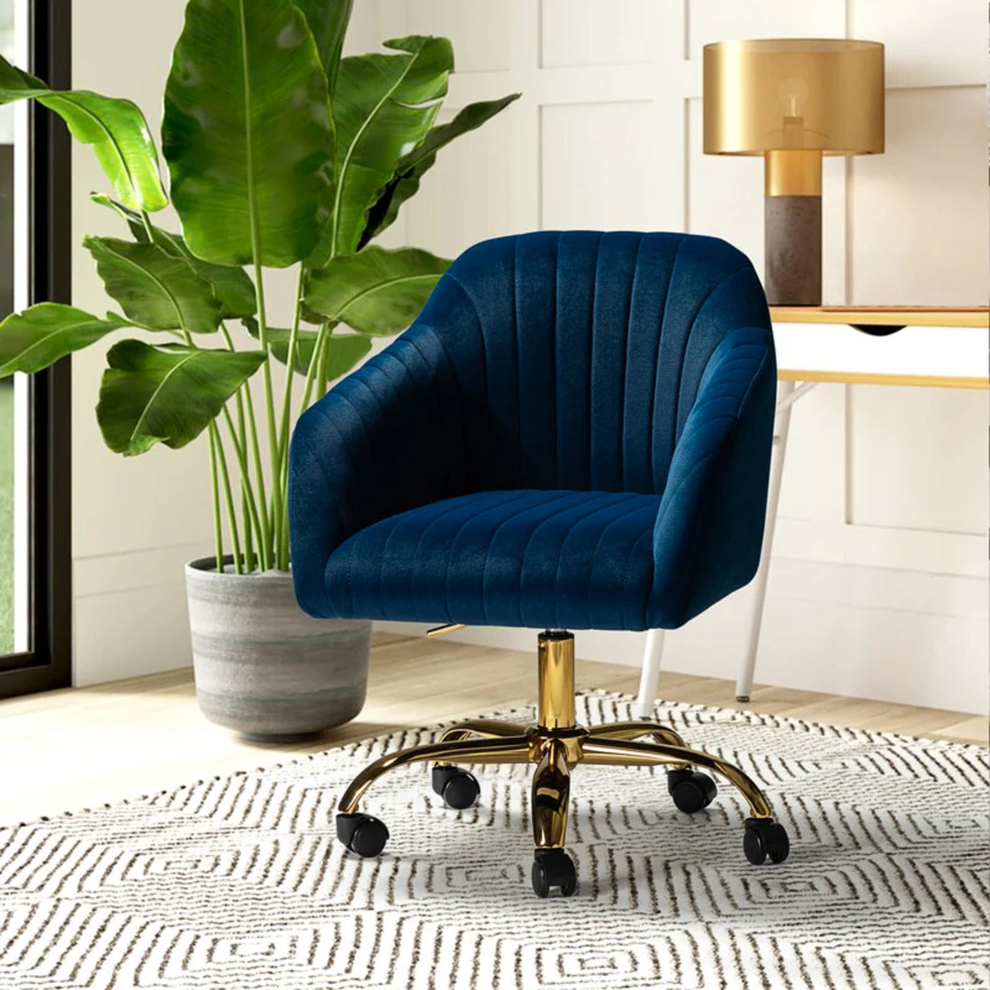 Refined Navy Blue Tufted Velvet Premium Armchair with Golden Legs