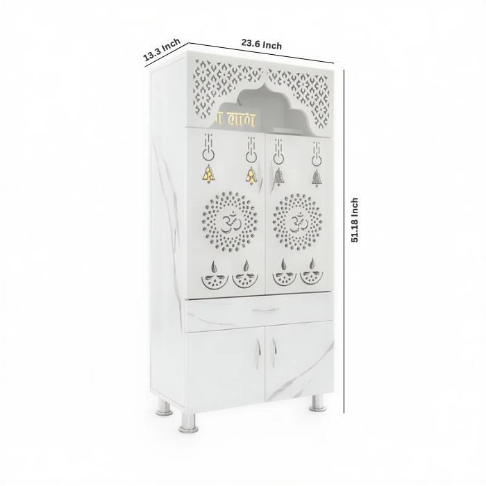 Elegant White Marble Finish Wooden Temple with LED OM Back Panel & Spacious Storage for Home & Office