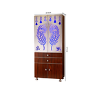 Contemporary Brown Wooden Temple for Home & Office with LED Swastik OM Panel Drawer & Cabinet Storage