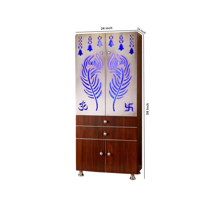 Contemporary Brown Wooden Temple for Home & Office with LED Swastik OM Panel Drawer & Cabinet Storage